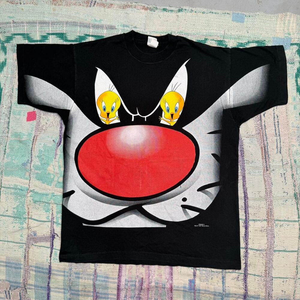Vintage Rare 1997 Looney Tunes all Over Print Sylvester Black T-shirt size XL